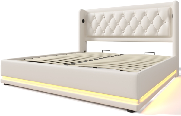 Polsterbett 160x200 cm aus PU Weiß mit Stauraum, USB‑Typ‑C und 3‑seitiger LED-Beleuchtung Bild 8