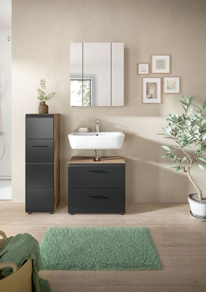 furnling Badmöbel-Set Ivy, (3-St, Spiegelschrank, Stauraumschrank, Waschbeckenunterschrank), Badezimmermöbel, Komplett-Set, Breite 105 cm, Nox Oak/schwarz matt