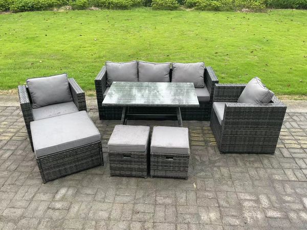 Fimous 8-Sitzer Gartenmöbel Lounge Sofa Set mit Esstisch 2 Sesseln 3 Hockern Dunkelgrau Gemischt