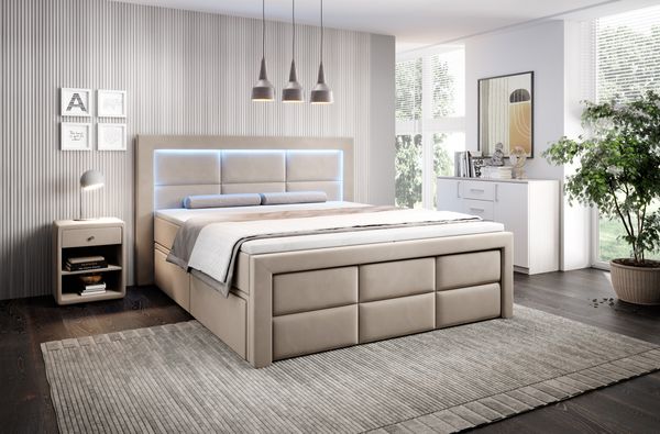 Aspen Boxspringbett mit Schubladen, LED-Beleuchtung, Samt, 180 x 200 cm, Matratze H3/H4, Beige