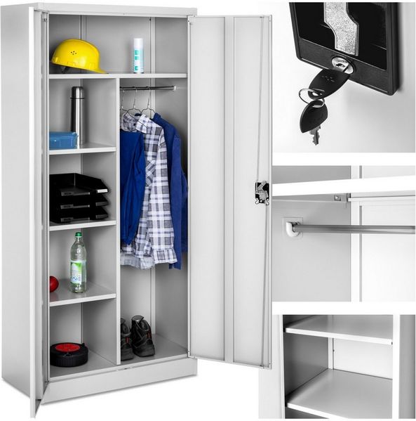TecTake 800633 Abschließbarer Spind, Aktenschrank mit 6 Fächern und Kleiderstange, Leichte Montage, 180 x 80 x 40 cm (Grau)