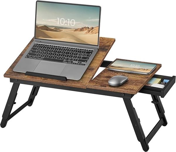 SONGMICS Laptoptisch für Bett, Laptopständer, Frühstückstablett, klappbare Beine, Bambusbeine, höhenverstellbar, mit Schublade, 55,5 x 34,9 cm, für Laptops bis 15,6 Zoll, vintagebraun