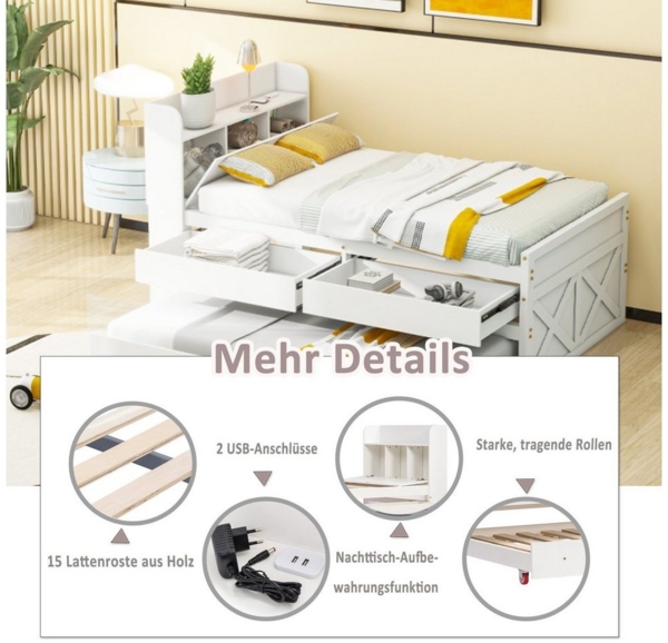 Flieks Massivholzbett, Einzelbett Kinderbett 90x190 cm (Stauraumfach/2 Schubladen/Ausziehbett) Bild 3