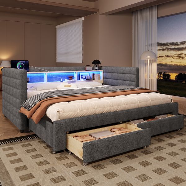 Tagesbett, Daybett, Schlafsofa, 90 × 190 cm, multifunktionales Ausziehbett-Design, USB- + Typ-C-Anschlüsse, mit zwei Schubladen, mehreren Staufächern, LED-Lichtleiste, Ohne Matratze, Samt, Grau