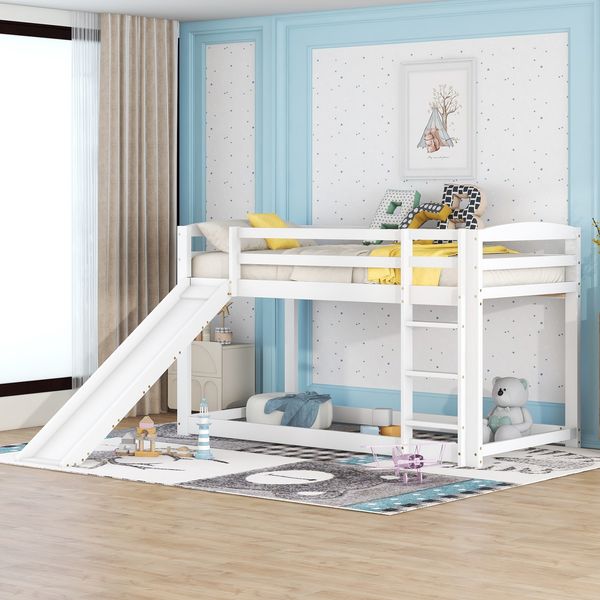 Etagenbett 90×200 cm mit Rausfallschutz und Rutsche, Leiter beidseitig montierbar, Weiß, ohne Matratze