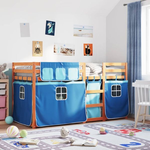 vidaXL Etagenbett mit Vorhängen Blau 80x200 cm Massivholz Kiefer 3283923