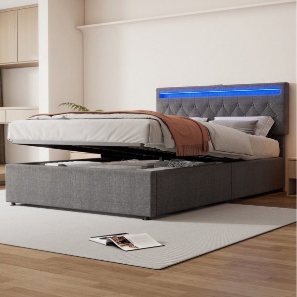 Merax Polsterbett mit höhenverstellbarem Kopfteil (1-tlg), LED Hydraulisches Doppelbett mit USB/Typ-C-Steckdosen,140x200cm,Leinen