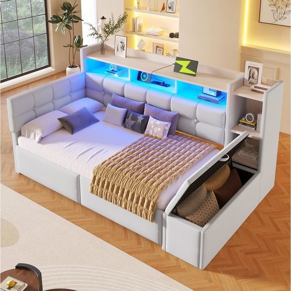 OKWISH Schlafsofa Kinderbett Polsterbett, mit Samtbezug, LED-Beleuchtung, zwei Schubladen & Ablagefach, USB- und Typ-C-Anschlüsse 90 × 190 cm, ohne Matratze