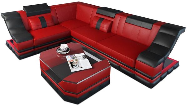 Couch Bianchi L Form in Leder - Echtleder - rot-schwarz - Links