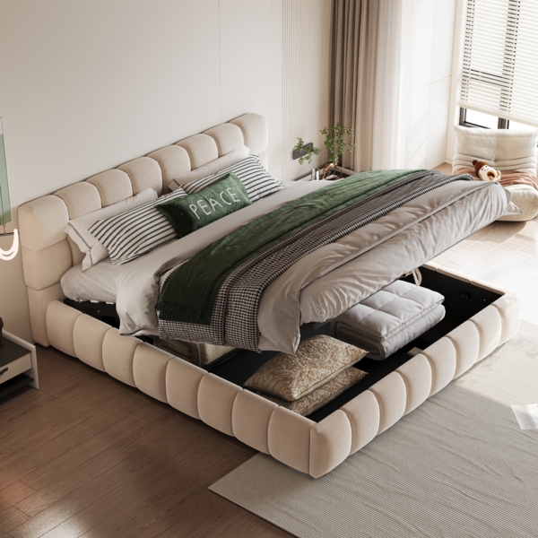 Merax Polsterbett 140 x 190 cm, Doppelbett, Kopfteil und Bettseiten mit voluminöser, Ausgestattet mit hydraulischer Staufunktion, Samtstoff, Beige (Ohne Matratze)