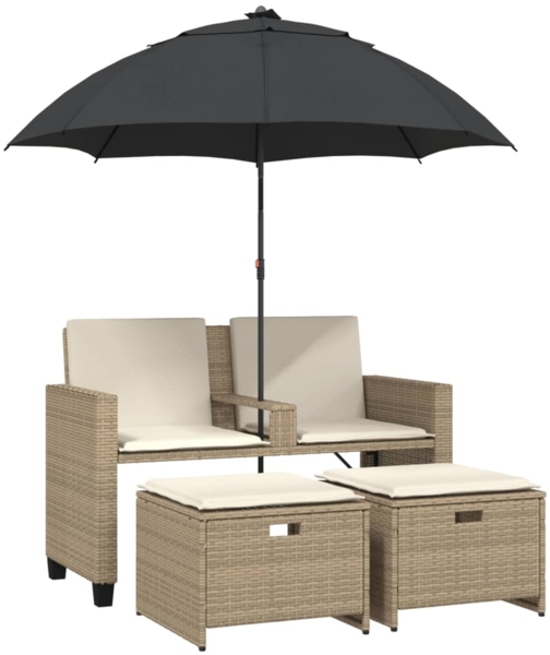 vidaXL Gartensofa 2-Sitzer Sonnenschirm und Hocker Beige Poly-Rattan 365886