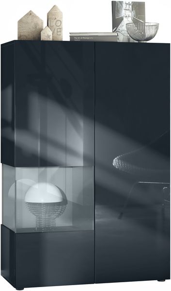 Vladon Vitrine Morena V2, Standvitrine mit 2 Türen und Glaseinsatz, Korpus Schwarz matt, Fronten Schwarz Hochglanz, Cube Grau Hochglanz (91,5 x 136,5 x 37 cm)