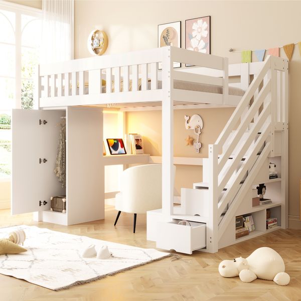Holzbett 140 × 200 cm, Treppe Mit Stauraum, Schreibtisch Mit Euro-Steckdose, Mehrfarbige LED-Lichtleiste, Einzelkleiderschrank, Bank Mit Stauraum, Hohes Geländer, Hochbett, Jugendbett, Weiß