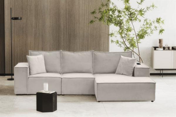 Ecksofa Sofa ALVARO inkl. QI Ladegerät Stoff Opera Velvet Pearl Ottomane Rechts