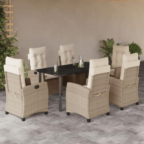 vidaXL 7-tlg. Garten-Essgruppe mit Kissen Beige Poly Rattan 3212817