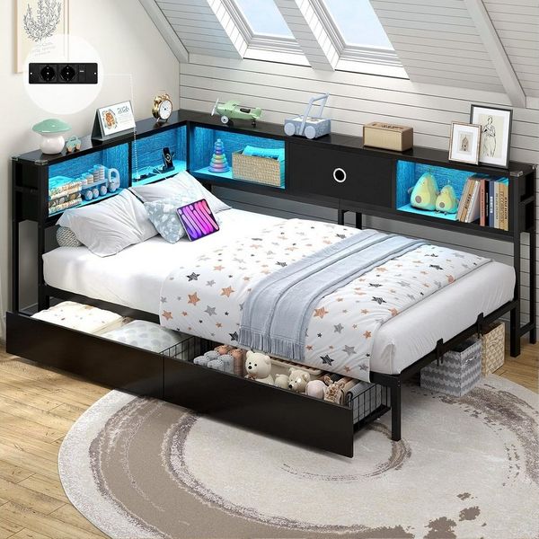 MSMASK Daybett Schlafsofa mit LED-Beleuchtung und Steckdose, Kinderbett, Jugendbett (1 tlg)