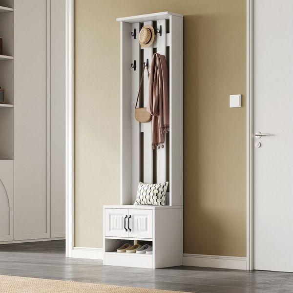 Merax Garderoben-Set Garderobenständer, 2-in-1 Garderobe, (1-St, mit Schuhschrank und 8 Haken, Flurmöbel), Flurgarderobe, Garderobenbank, 50×36×190 cm