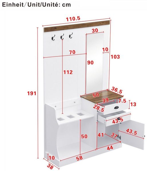 Ulife Kompaktgarderobe Garderobenset mit Spiegel, Haken, Schubladen und Schirmständer (1-St) Vielseitiges 3-in-1-Design, 110,5x38x191cm