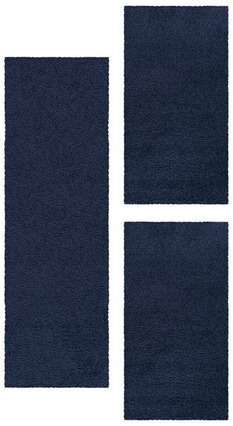Teppium Teppich Unicolor - Einfarbig, Rechteckig, Höhe: 30 mm, Schlafzimmer Teppich Bettumrandung Läufer Set 3 teilig Marineblau