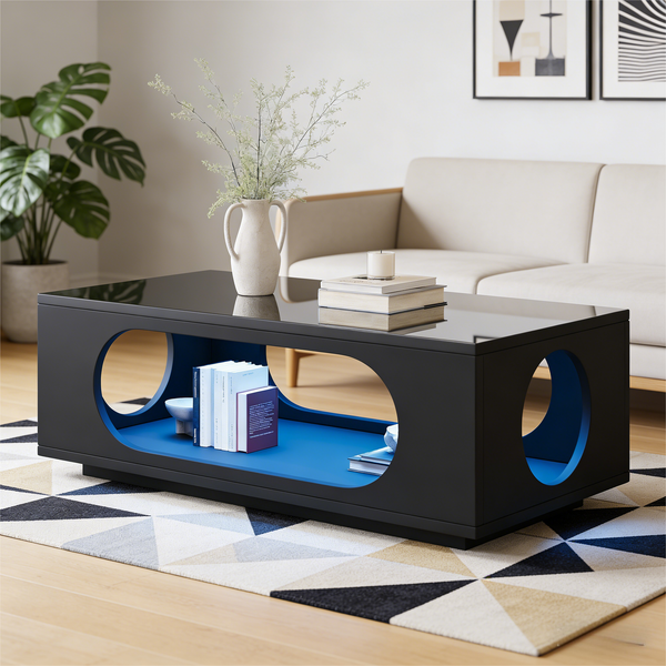 Couchtisch 100x50x35 cm, MDF in Schwarz, mit LED-Beleuchtung und offenem Fach