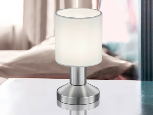 Kleine Touch Tischleuchte GARDA Silber mit Stoffschirm Weiß, Höhe 18cm
