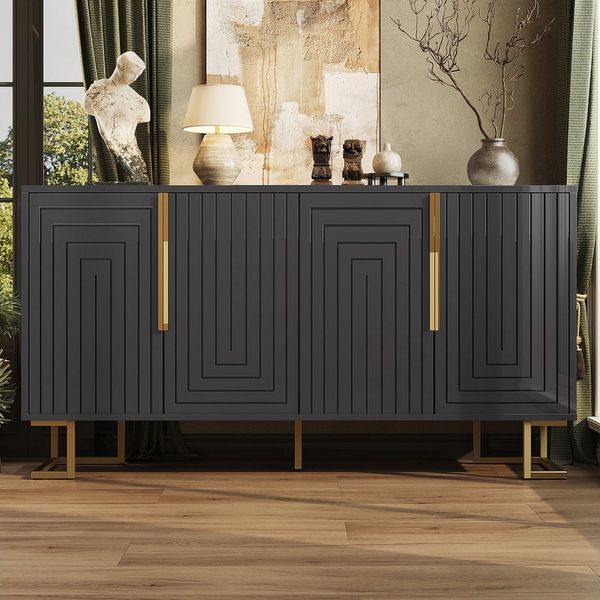 Flieks Sideboard mit 4 Türen Weiß/Schwarz (B152/T40/H75 cm, 1 St, Schrank für Wohnzimmer, Schlafzimmer und Esszimmer), Mehrzweckschrank Kommode mit verstellbare Fußpolstern