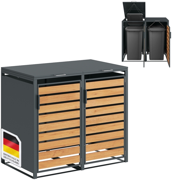 STEELSØN 'Kestra' Mülltonnenbox für 2 Tonnen je 120 Liter, anthrazit mit Holzoptik, Mülltonnenverkleidung aus Stahl, wetterfest, 102x62x117 cm