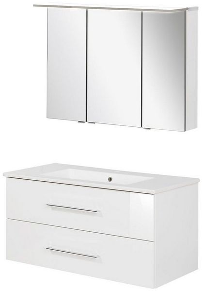 FACKELMANN B.PERFEKT Waschtisch Set mit Spiegelschrank 103 cm breit, Weiß, Waschbecken Keramik Weiß