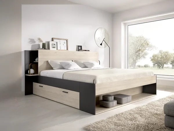 Vente-unique - KEROSIA Bett Holz, Platte SchwarzBeige - B 183,8 cm x H 92 cm x L 220,5 cm