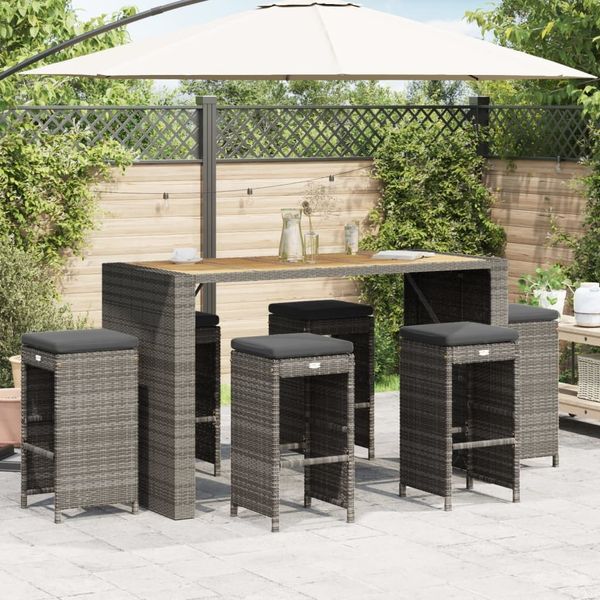 vidaXL Garten-Barhocker mit Kissen 6 Stk. Grau Poly Rattan 368693