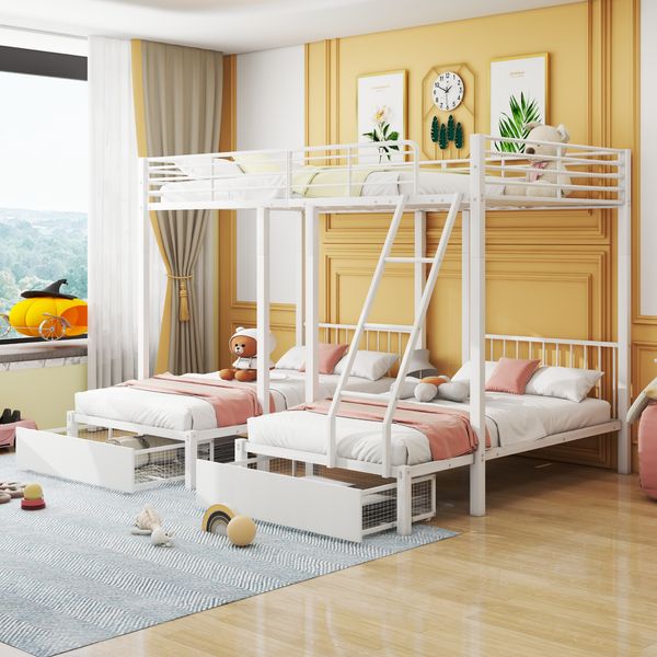 Etagenbett mit Schubladen, Liegefläche 140x200 cm + 2x 90x200 cm, Metall, weiß, teilbar in 3 Einzelbetten