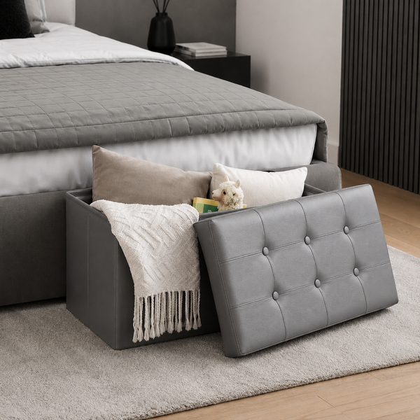 belviona Sitztruhe mit Stauraum, faltbare Sitzbank aus Kunstleder für Wohnzimmer, Flur oder Schlafzimmer, 80 l Volumen, 76 x 38 x 38 cm, grau
