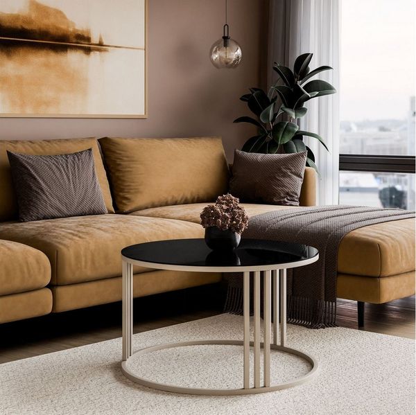 Lookway Couchtisch LORI GLASS, runder Couchtisch mit kaschmirfarbenem Gestell (1x Tisch), Durchmesser: ⌀70 cm
