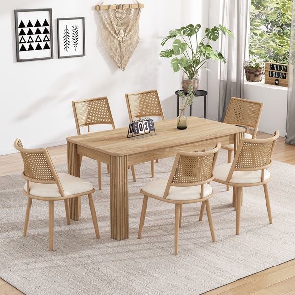Esszimmerstühle, Rattan mit PU-Sitz, Set aus 6, 48x50x80 cm, Beige