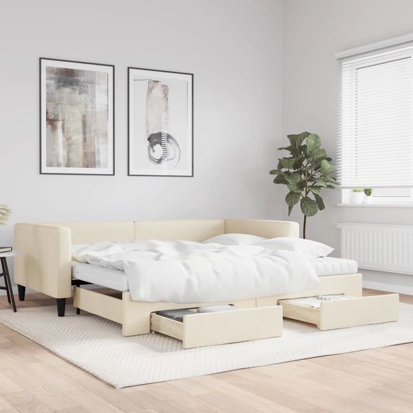 vidaXL Tagesbett Ausziehbar mit Schubladen Creme 100x200 cm Stoff 3196641