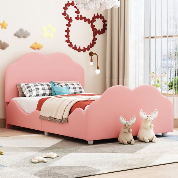 Kinderbett 90x200 cm Wolken-Design, Samt Stoffbett mit Schutzkante, höhenverstellbarem Kopfteil & stabilem Holzrahmen