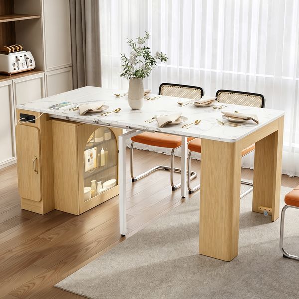 Kücheninsel mit Rollen, Ausziehbarer Esstisch mit abnehmbarer Tischplatte, Mobile Servierwagen mit Steckdosenleisten, dient als Anrichte, Sideboard oder Bartisch für Küche und Esszimmer (Natur)