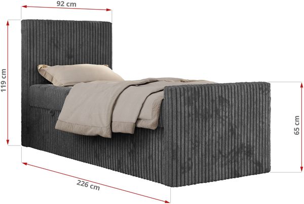 Boxspringbett 90x200 TILIO DUO inkl. Bettkasten & 7-Zonen Multipocket-Matratze, Modernes Jugendbett, Einzelbett - Grau Cord - H3 - Rechts Bild 5