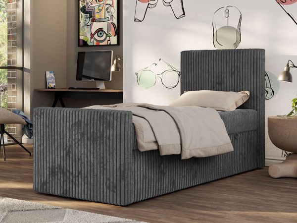 Boxspringbett 90x200 TILIO DUO inkl. Bettkasten & 7-Zonen Multipocket-Matratze, Modernes Jugendbett, Einzelbett - Grau Cord - H3 - Rechts