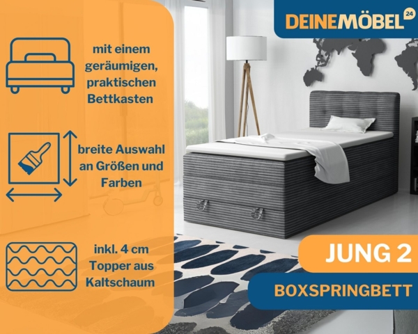 Deine Möbel 24 Boxspringbett JUNG 2 Polsterbett Komplettbett Hotelbett Cord-Stoff inkl. Topper (für Jugendliche Jugendbett Cord Beige Creme Grau Schwarz Anthrazit, 3-St, Bonellfederkernmatratze H3 Taschenfederkernmatratze H4), 90x200 100x200 120 cm Ein... Bild 3
