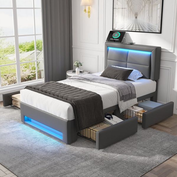 Flieks Polsterbett, LED Einzelbett 90x190cm mit USB-Anschluss und 4 Schubladen