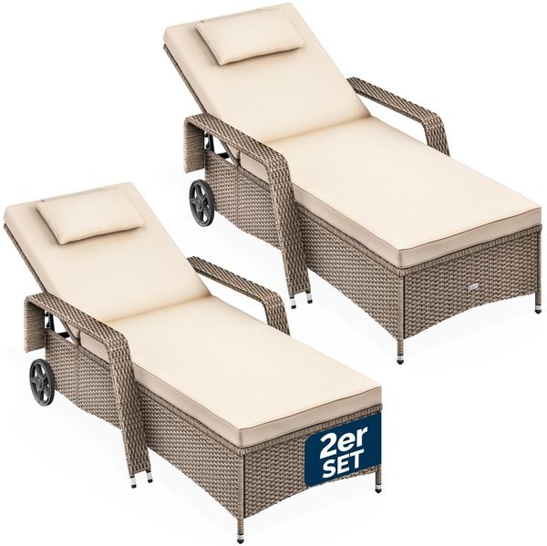 Casaria® Sonnenliege 2er Set mit Rollen Auflage Creme