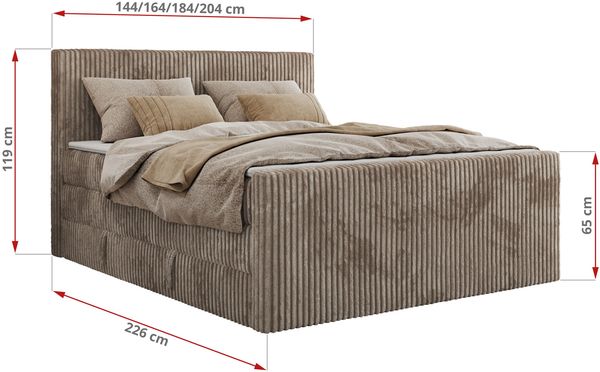 Boxspringbett mit zwei Multipocket-Matratzen und Topper, Doppelbett aus Cordstoff, zwei Bettkästen - TILIANO KING DUO - 180 x 200 cm - Hellbraun Cord - H4 Bild 6