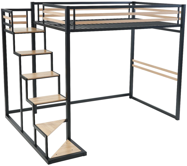 Vente-unique - Hochbett mit Matratze - 140 x 200 cm - Metall & MDF - Naturfarben & Schwarz - JOGUI Bild 5