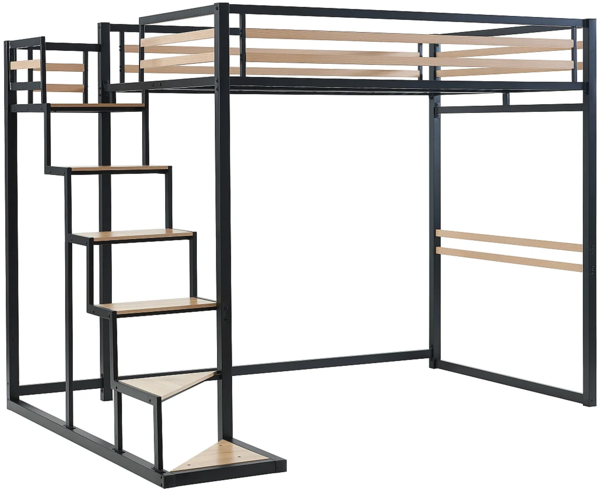 Vente-unique - Hochbett mit Matratze - 140 x 200 cm - Metall & MDF - Naturfarben & Schwarz - JOGUI Bild 2