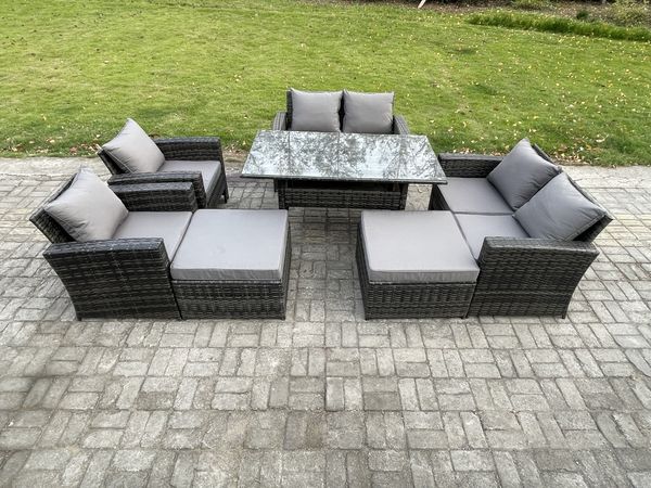 Fimous 8 Sitzer Hoher Rücken Gartengartenmöbel Rattan Sofa Esstisch Set mit Sesseln 2 Großer Hockern Dunkelgrau gemischt