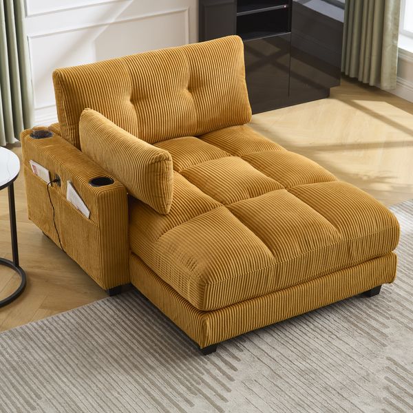 Relaxsessel 140x112x81 cm in Senfgelb aus Cord mit USB-Anschluss, Getränkehaltern und Seitentaschen