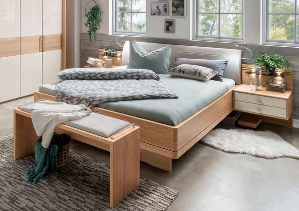 WIEMANN Bett Kiruna, Bettgestell, Bettrahmen, Eiche Nachbildung, Polsterkopfteil (4-fache Liegehöhenverstellung, MADE IN GERMANY), Polsterkopfteil aus Kunstleder, verschiedene Größen, in Komforthöhe