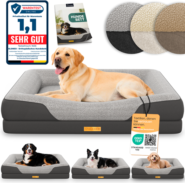ELONEO Hundebett ELONEO - Orthopädisches Premium Hundebett, gelenkschonend, waschbar, Aus kuscheligem Sherpa-Fleece und strapazierfähigem Sofastoff