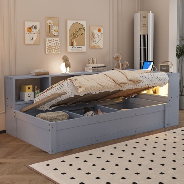 Merax Einzelbett, Kinderbett, Jugendbett, Schlafsofa 90 × 200 cm, Ausgestattet Mit Einer Euro-Steckdose Und Mehreren Staufächern, Mit Mehrfarbigen LED-Lichtleisten, Hydraulischem Bettmechanismus, Massivholzbett, Grau